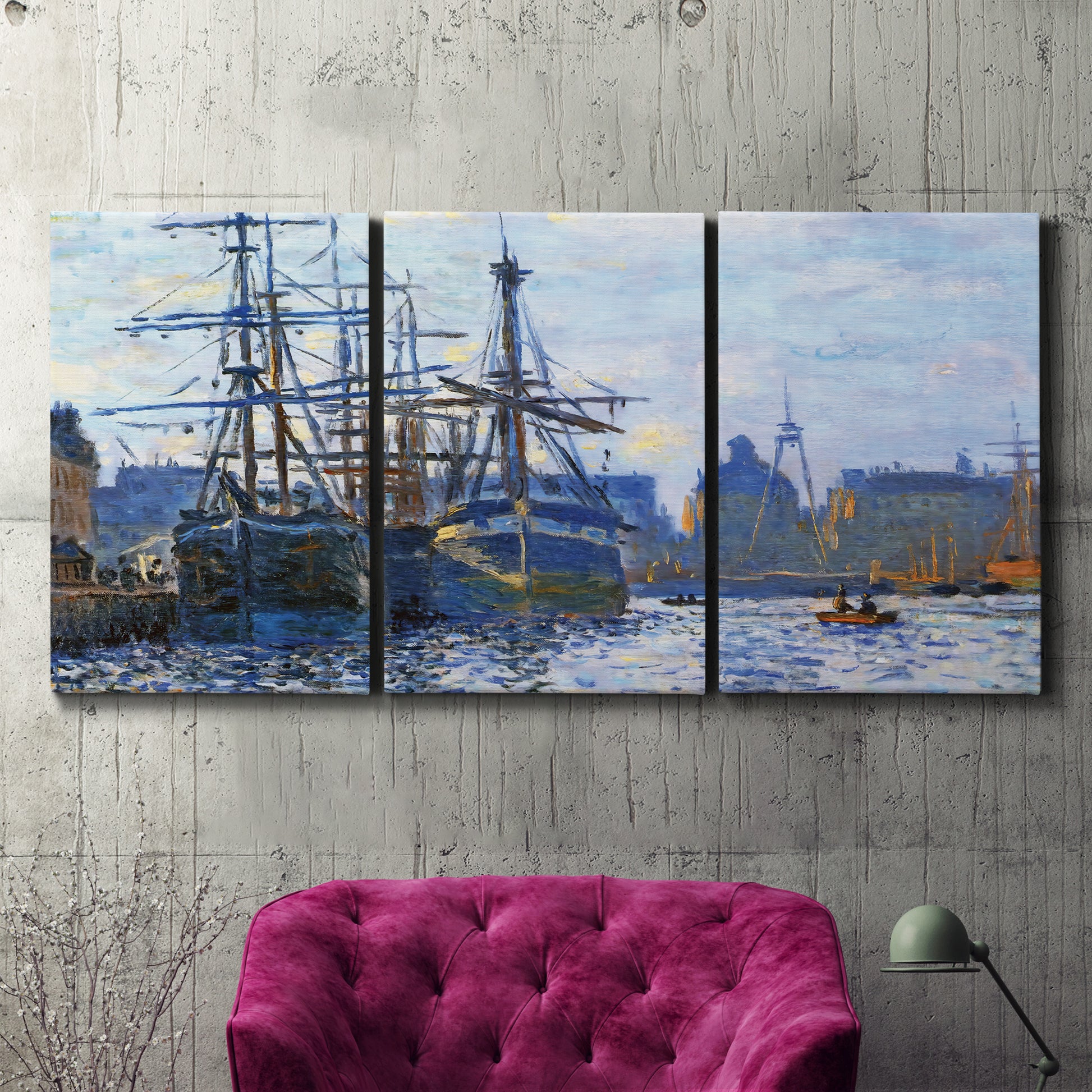 Three-panel canvas wall art featuring industrial dock along harbor, displayed in a living room above a suede accent chair.