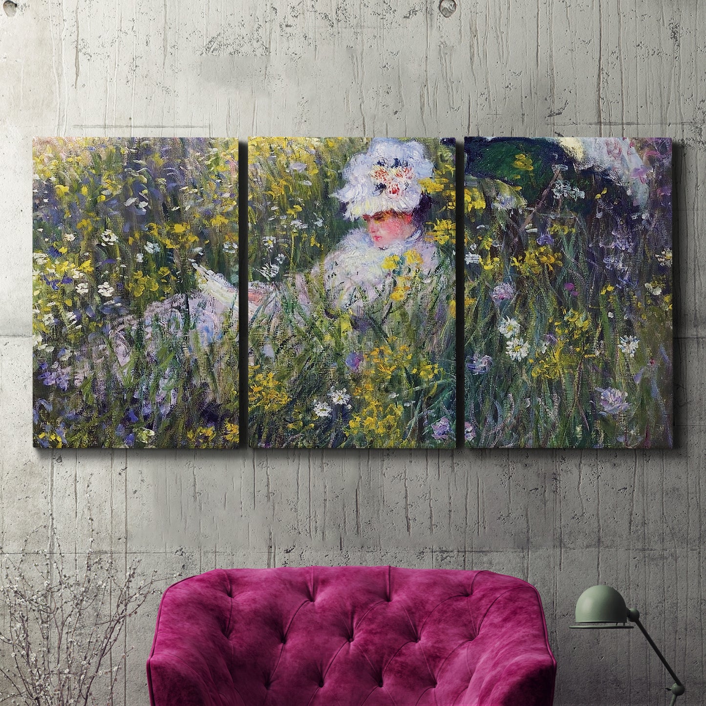Three-panel canvas wall art featuring woman walking with parasol, displayed in a living room above a suede accent chair.