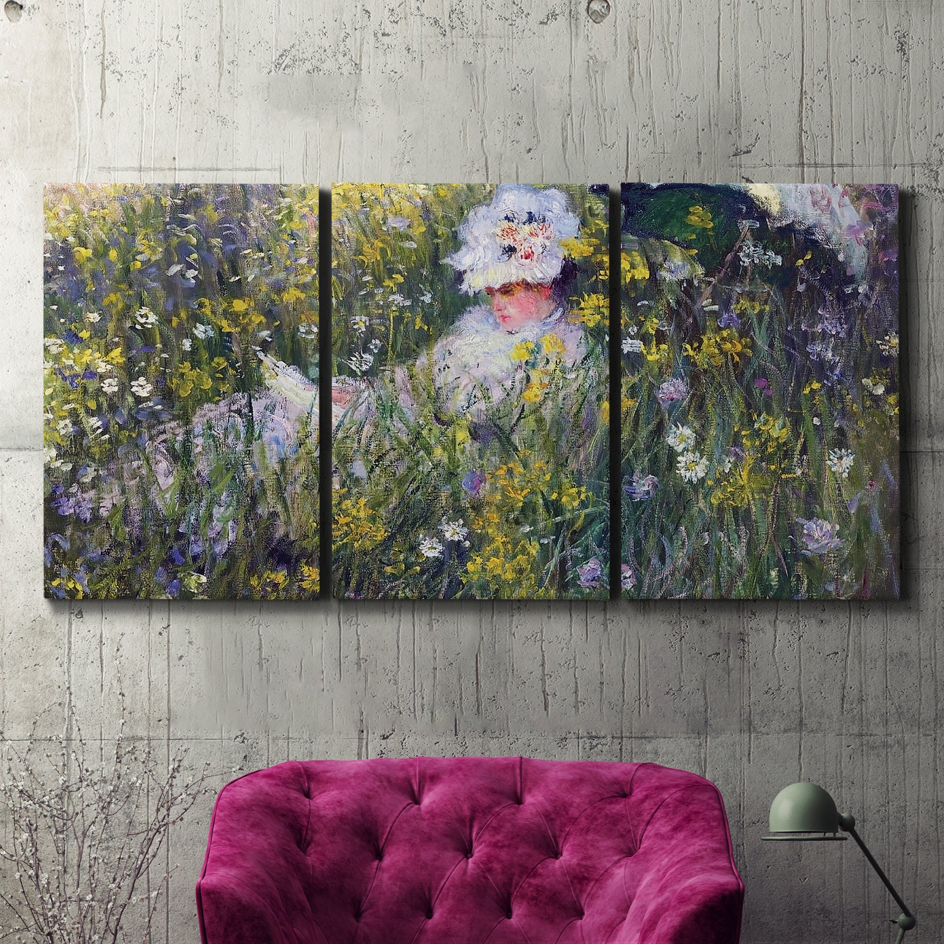 Three-panel canvas wall art featuring woman walking with parasol, displayed in a living room above a suede accent chair.