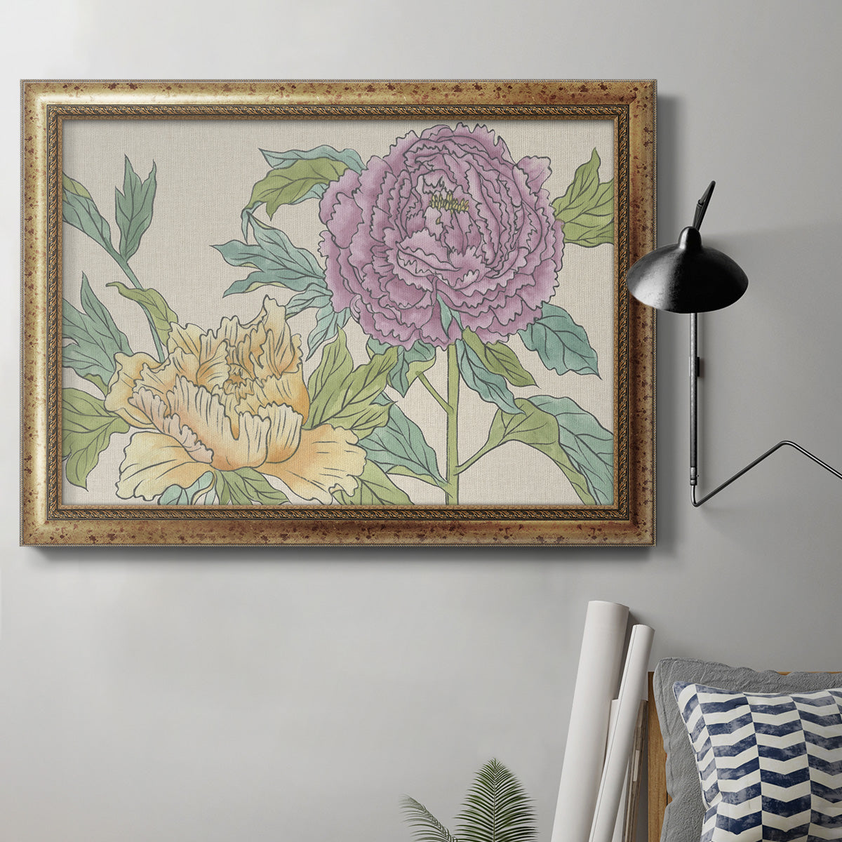 Contemporary peony flower illustration in an ornate vintage gold frame displayed in a neutral interior setting.