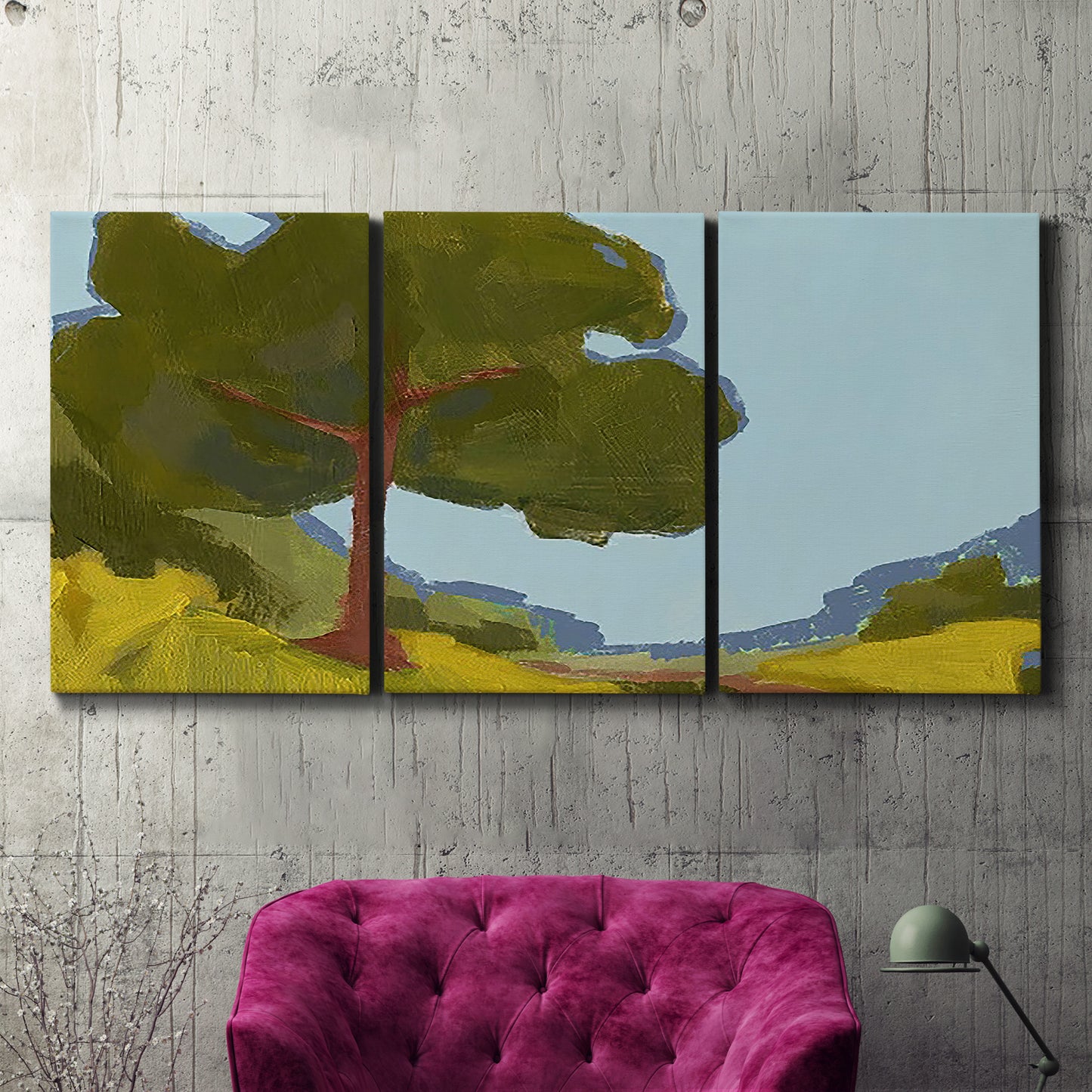 Three-panel canvas wall art featuring sunlit public park landscape view, displayed in a living room above a suede accent chair.