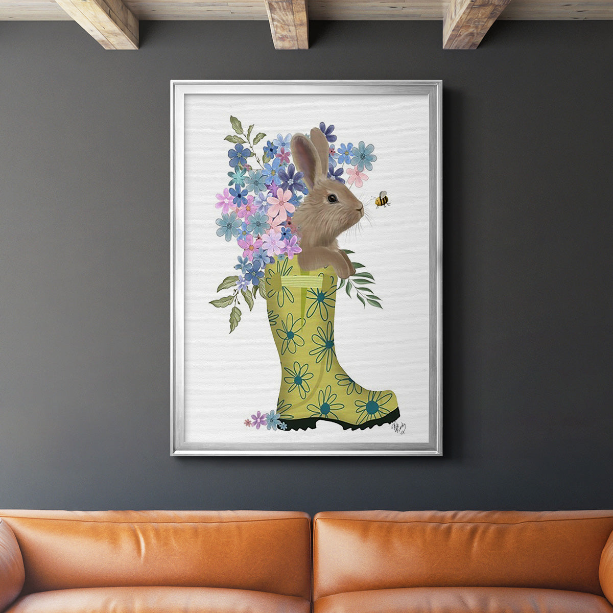 Welly Bunny And Bee - Modern Framed Canvas Print