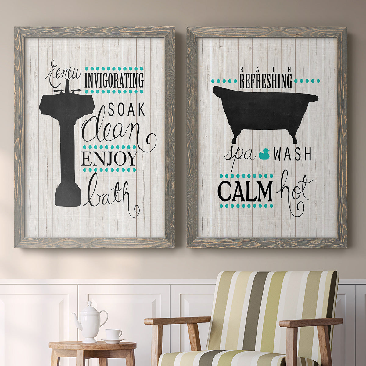 Set of two gray barnwood framed canvas prints depicting two graphic bathroom word art featuring playful bathtub silhouettes and bath-themed typography above a sideboard in a cozy sitting room.