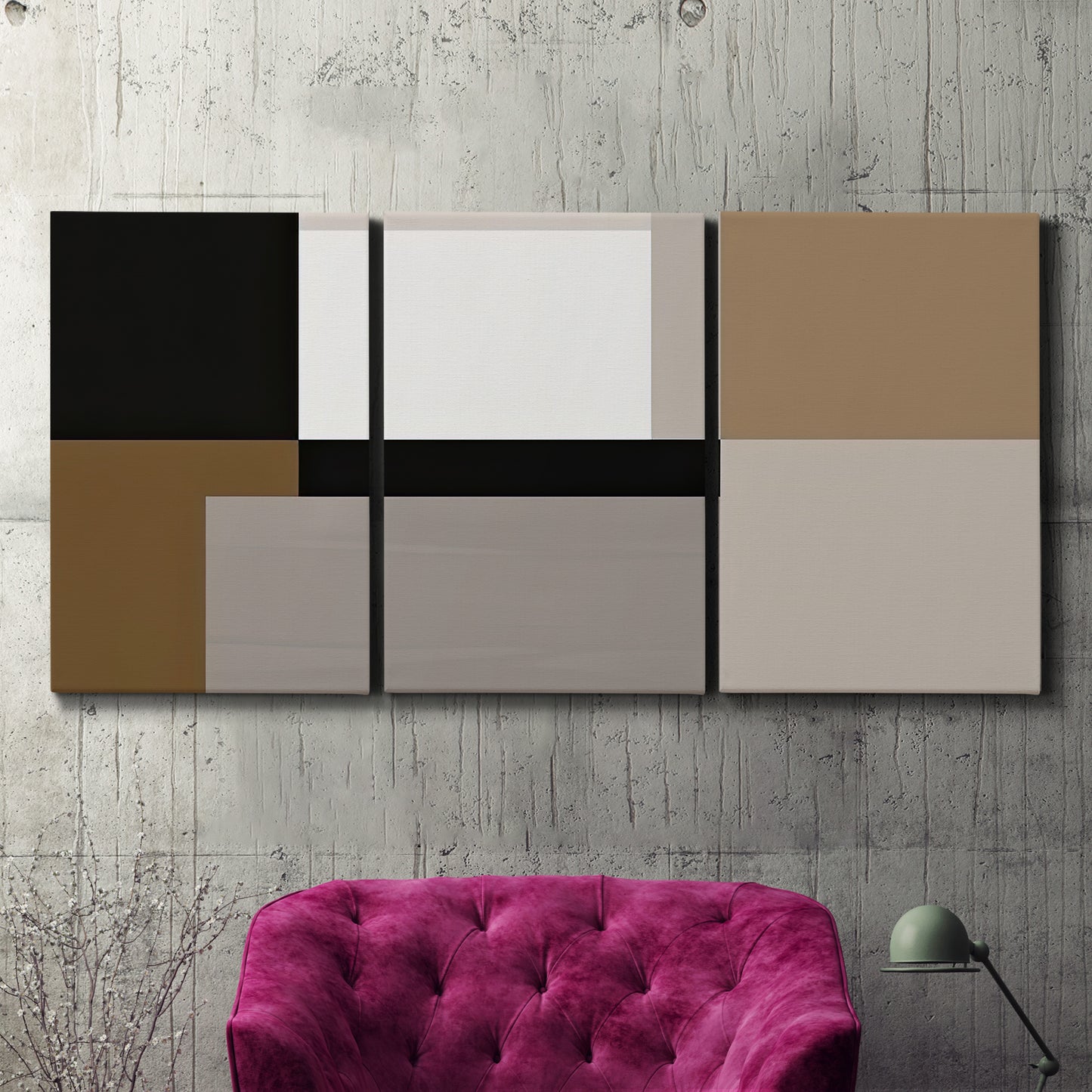 Three-panel canvas wall art featuring geometric abstract centerpoint composition, displayed in a living room above a suede accent chair.