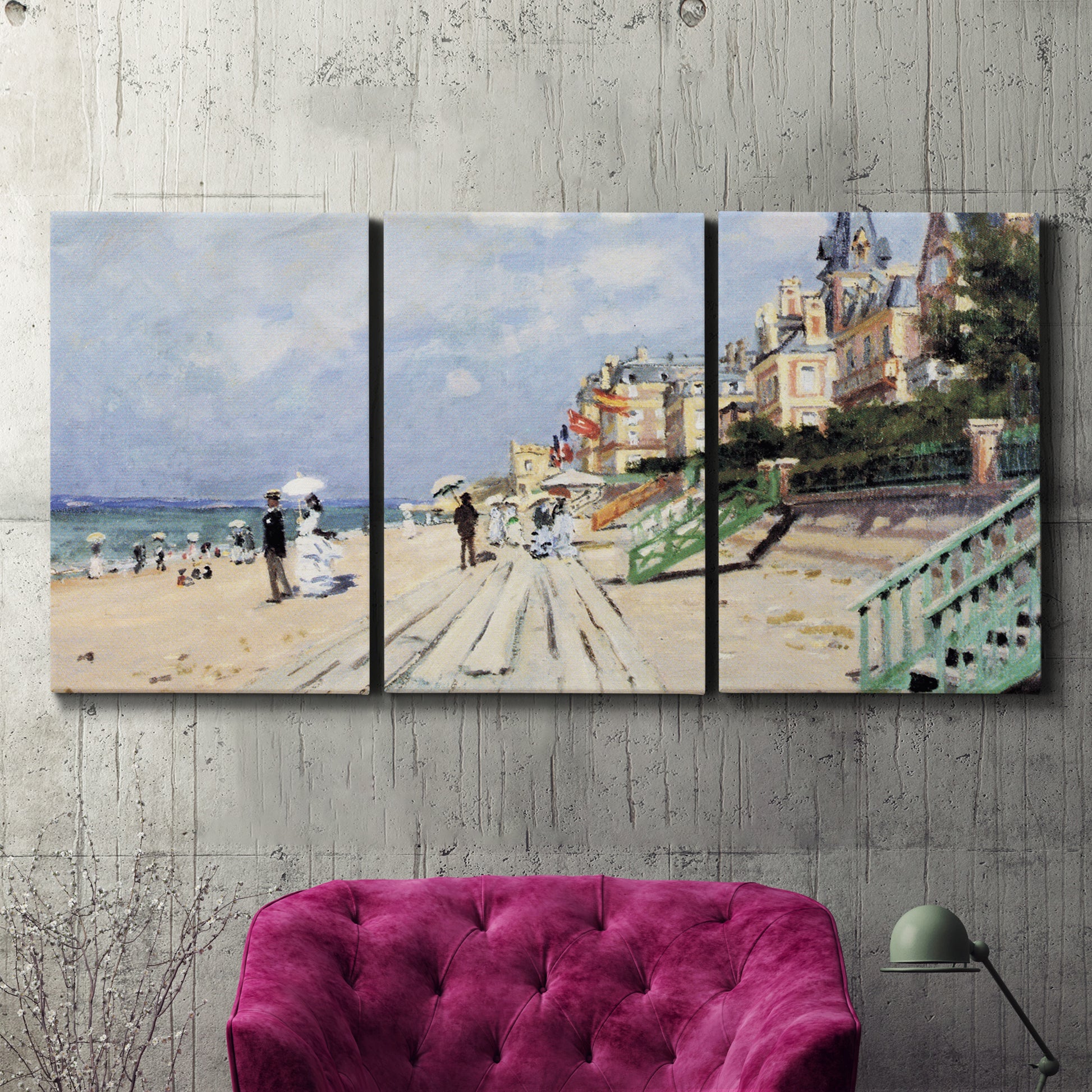 Three-panel canvas wall art featuring figures strolling along beach, displayed in a living room above a suede accent chair.