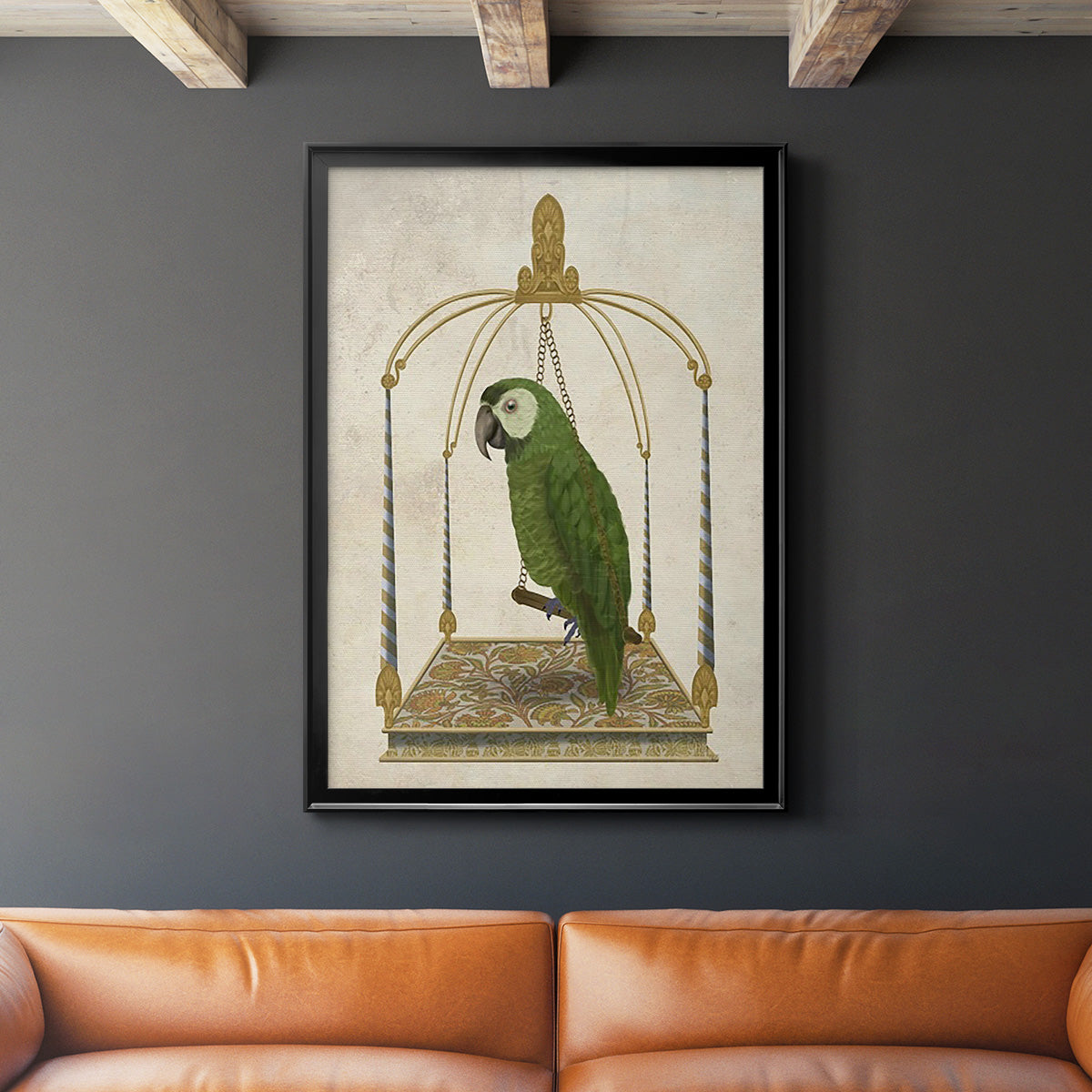 Green Parrot on Swing - Modern Framed Canvas Print