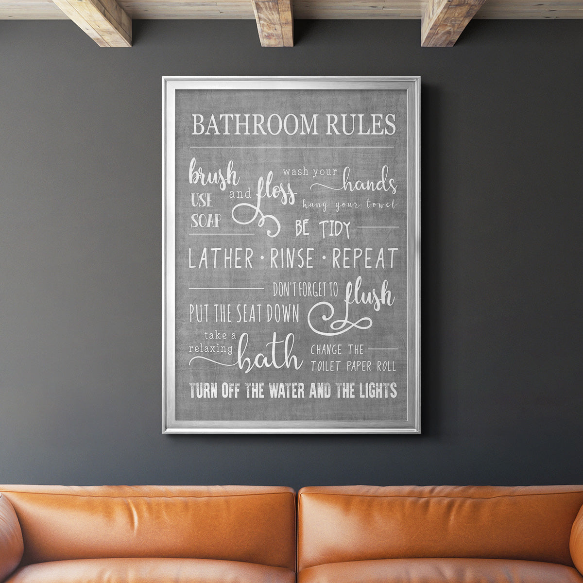 Neutral Bathroom Rules - Modern Framed Canvas Print