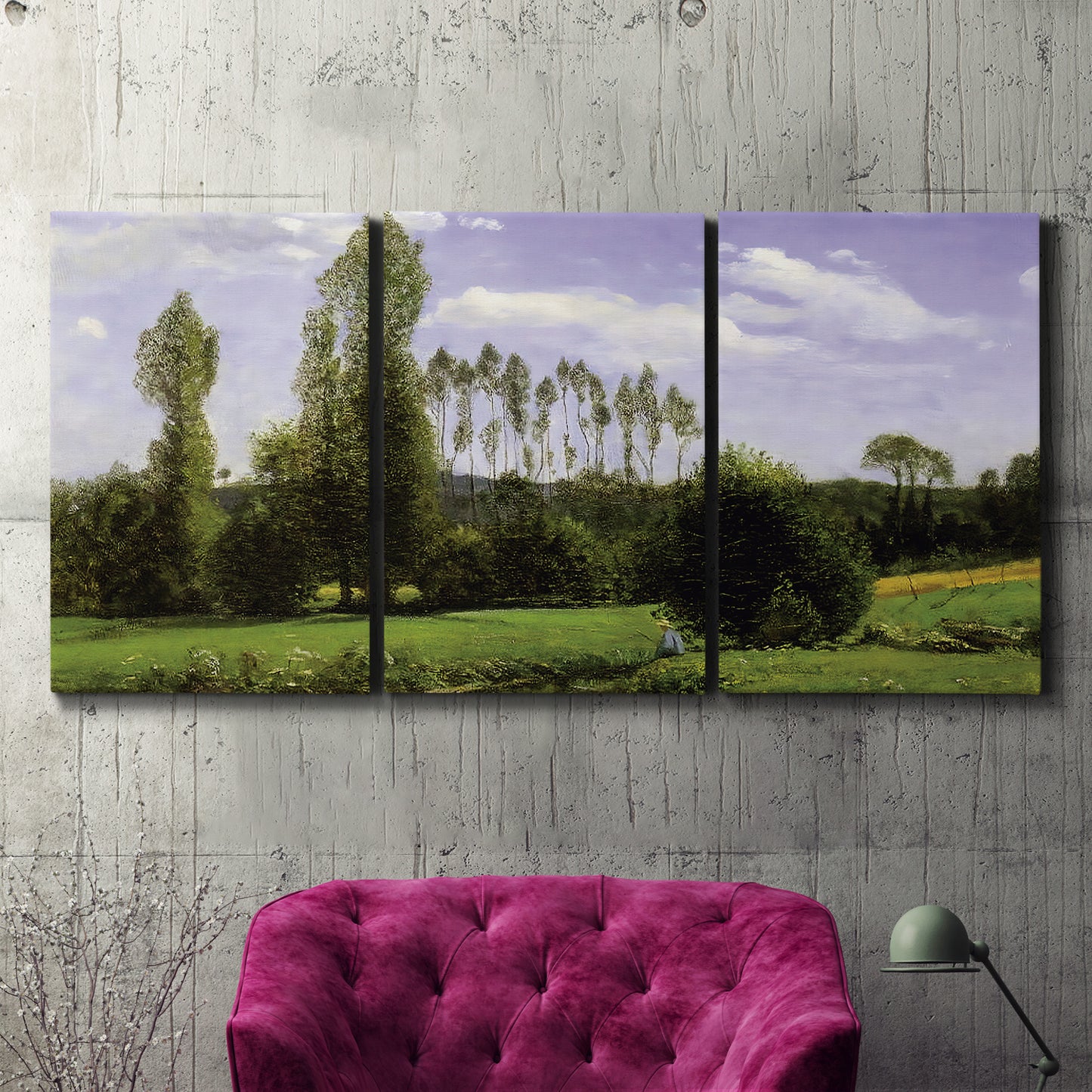 Three-panel canvas wall art featuring open landscape near le havre, displayed in a living room above a suede accent chair.
