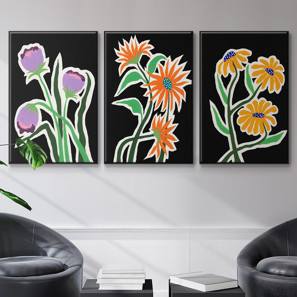 Pop Flowers I - Framed Premium Gallery Wrapped Canvas L Frame 3 Piece Set - Ready to Hang