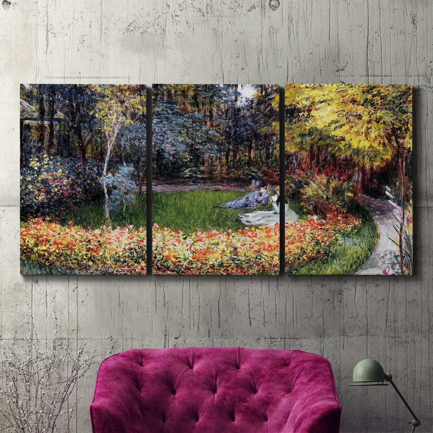 Three-panel canvas wall art featuring garden in full bloom by coast, displayed in a living room above a suede accent chair.