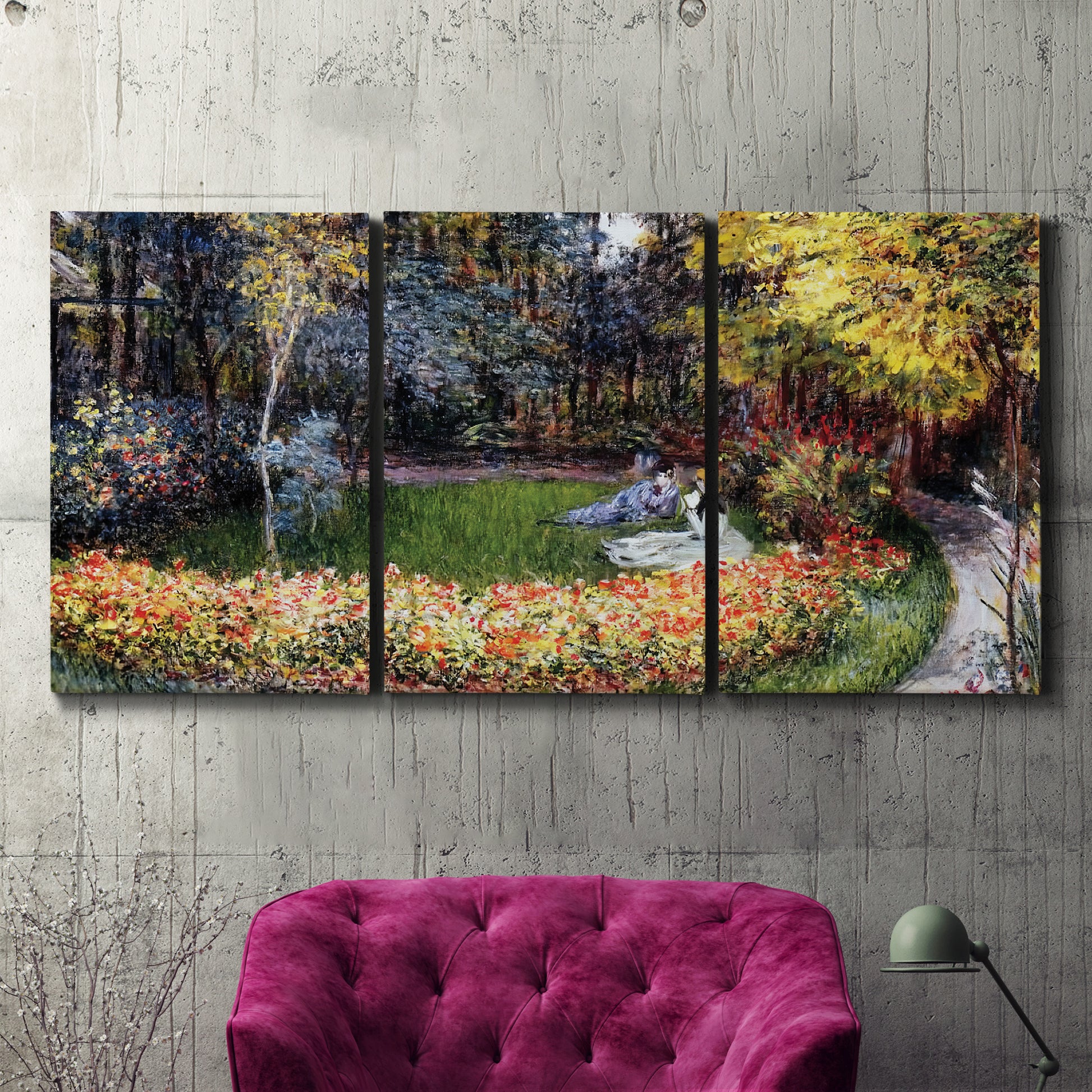 Three-panel canvas wall art featuring garden in full bloom by coast, displayed in a living room above a suede accent chair.