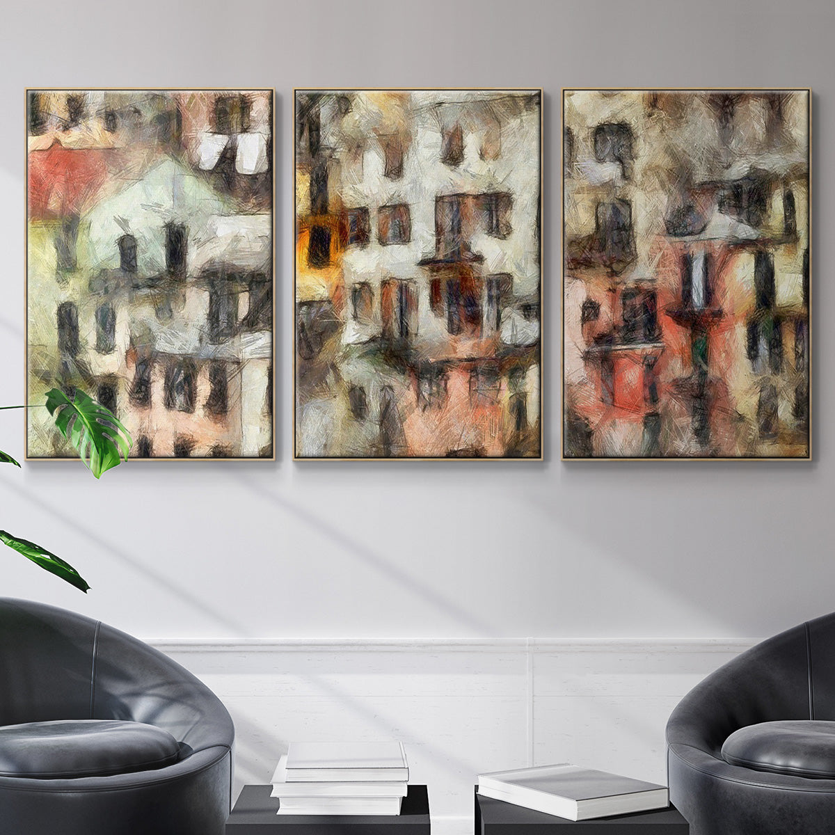 Stacked Houses I - Framed Premium Gallery Wrapped Canvas L Frame 3 Piece Set - Ready to Hang