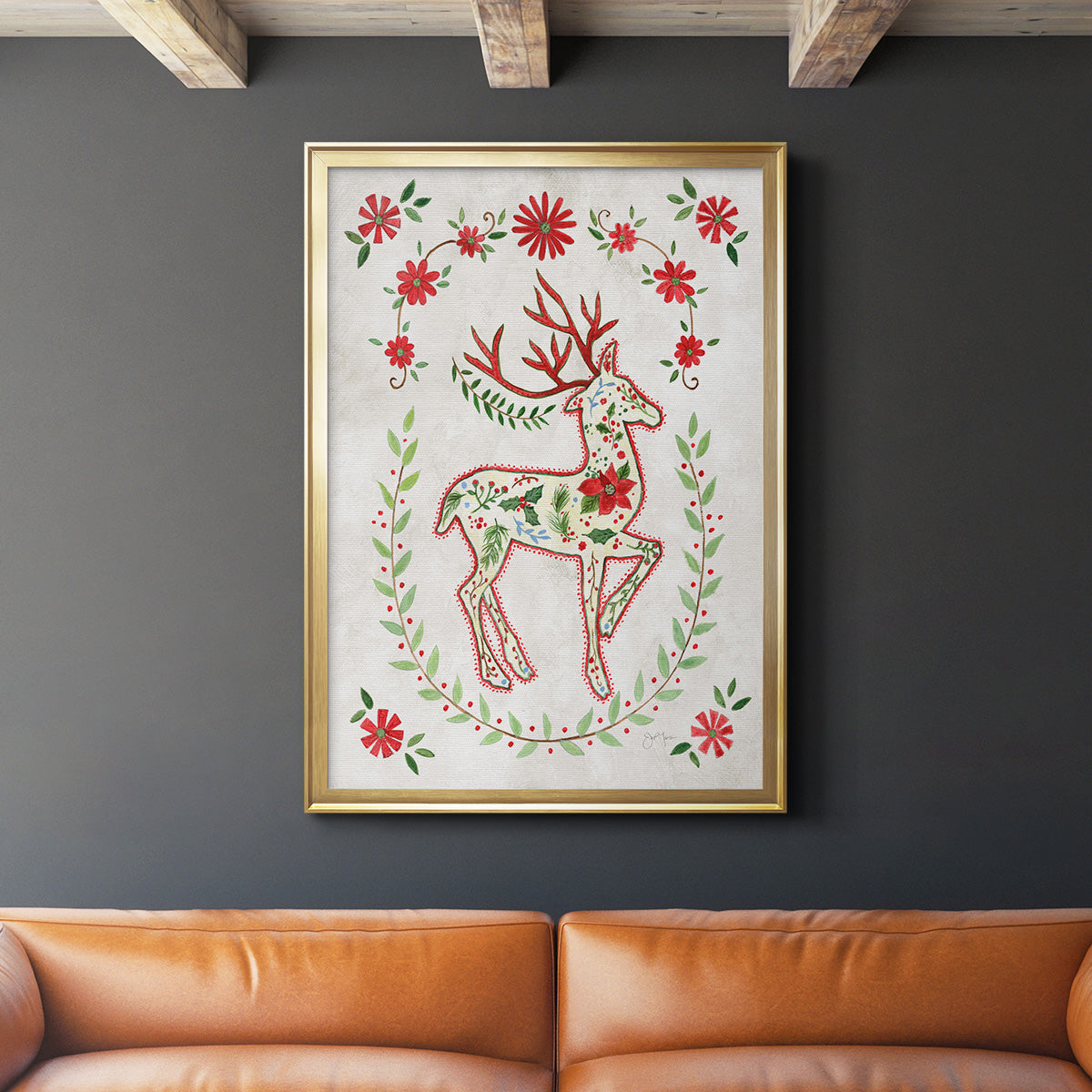 Christmas Folk Reindeer - Modern Framed Canvas Print