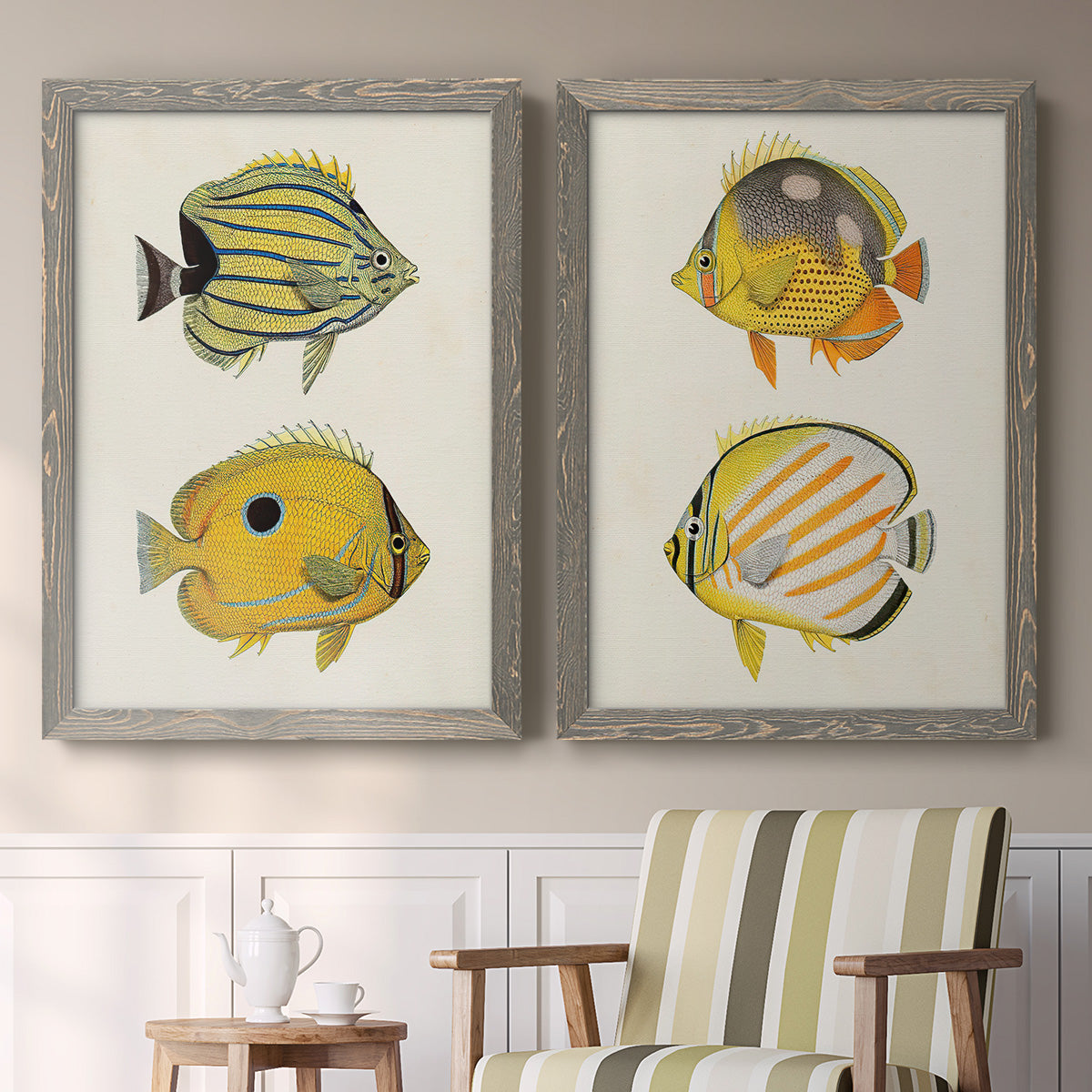 Yellow & Grey Fish III - Premium Framed Canvas 2 Piece Set - Ready to Hang