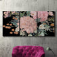 Three-panel canvas wall art featuring dark floral night blossoms, displayed in a living room above a suede accent chair.