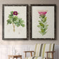 Set of two black barnwood framed canvas prints depicting two vintage botanical plate illustrations featuring pink flowering plant specimens above a sideboard in a cozy sitting room.