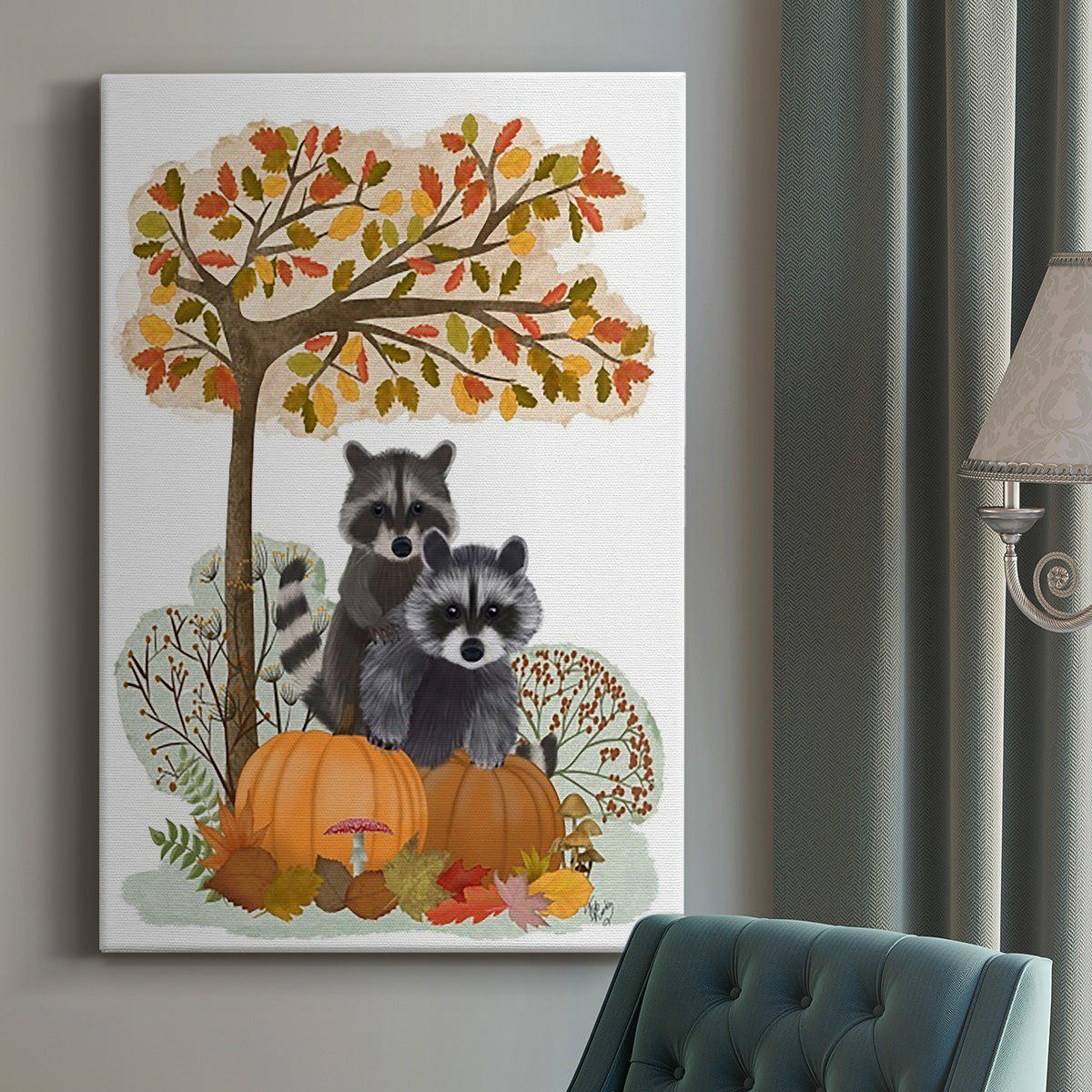 Raccoons On Pumpkins Under Tree Premium Gallery Wrapped Canvas - Ready to Hang