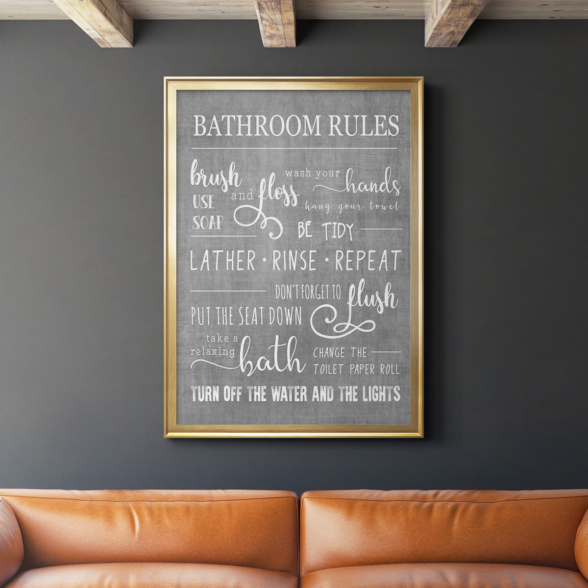 Neutral Bathroom Rules - Modern Framed Canvas Print