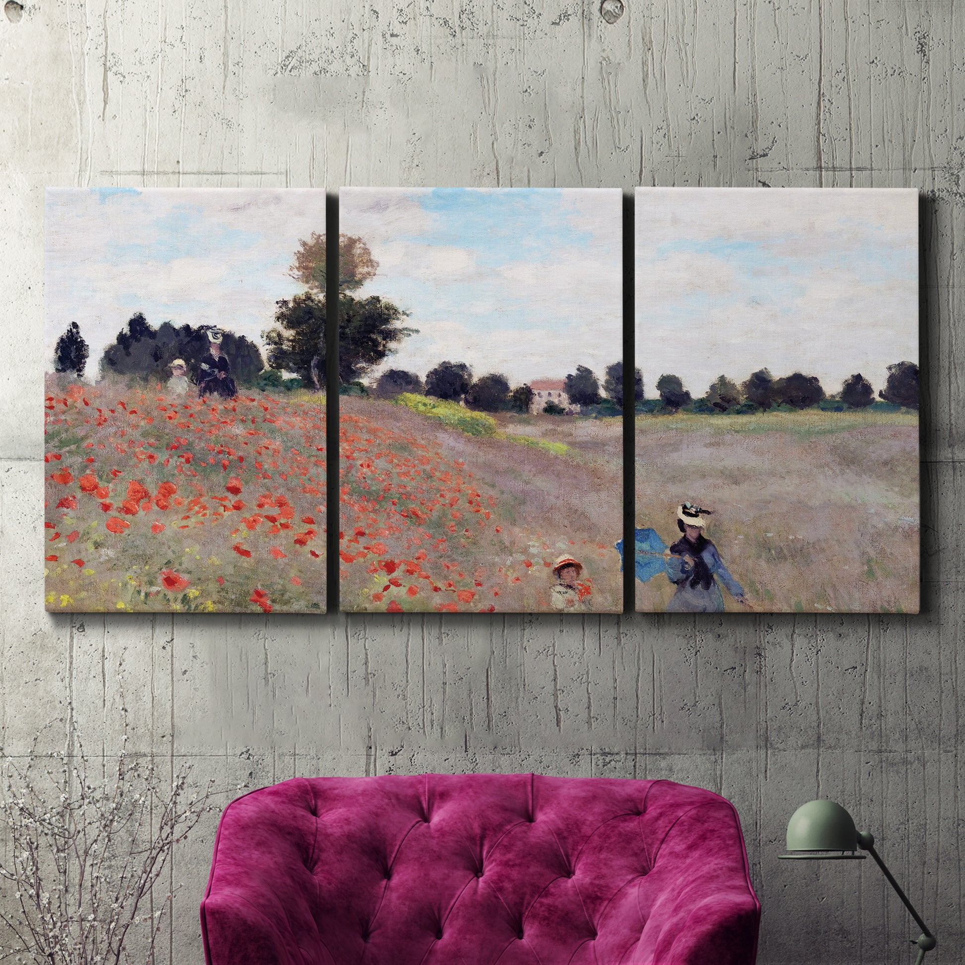 Three-panel canvas wall art featuring poppy field stretching across meadow, displayed in a living room above a suede accent chair.