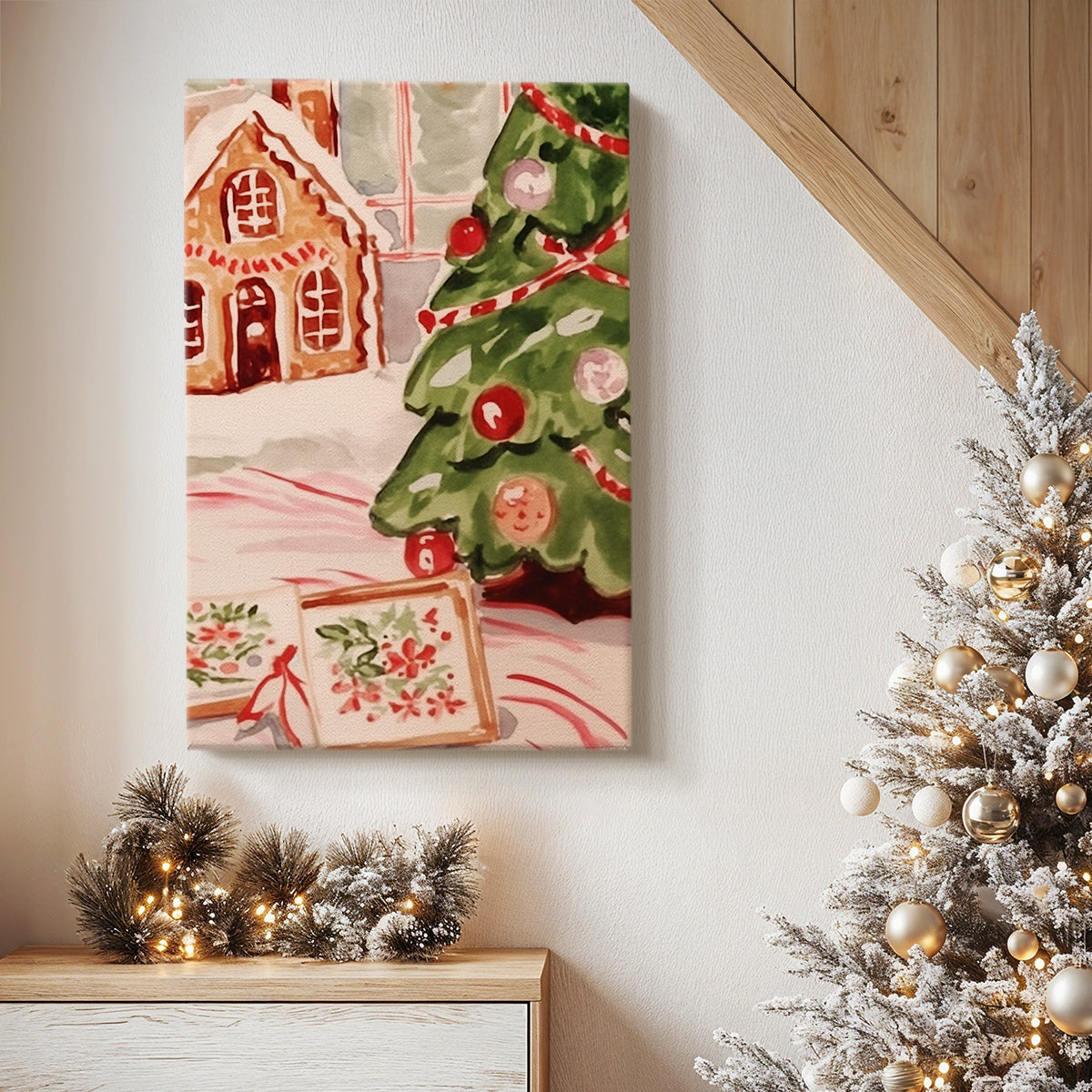 Manger of Tinsel-Gold Wreath - Canvas Art Print