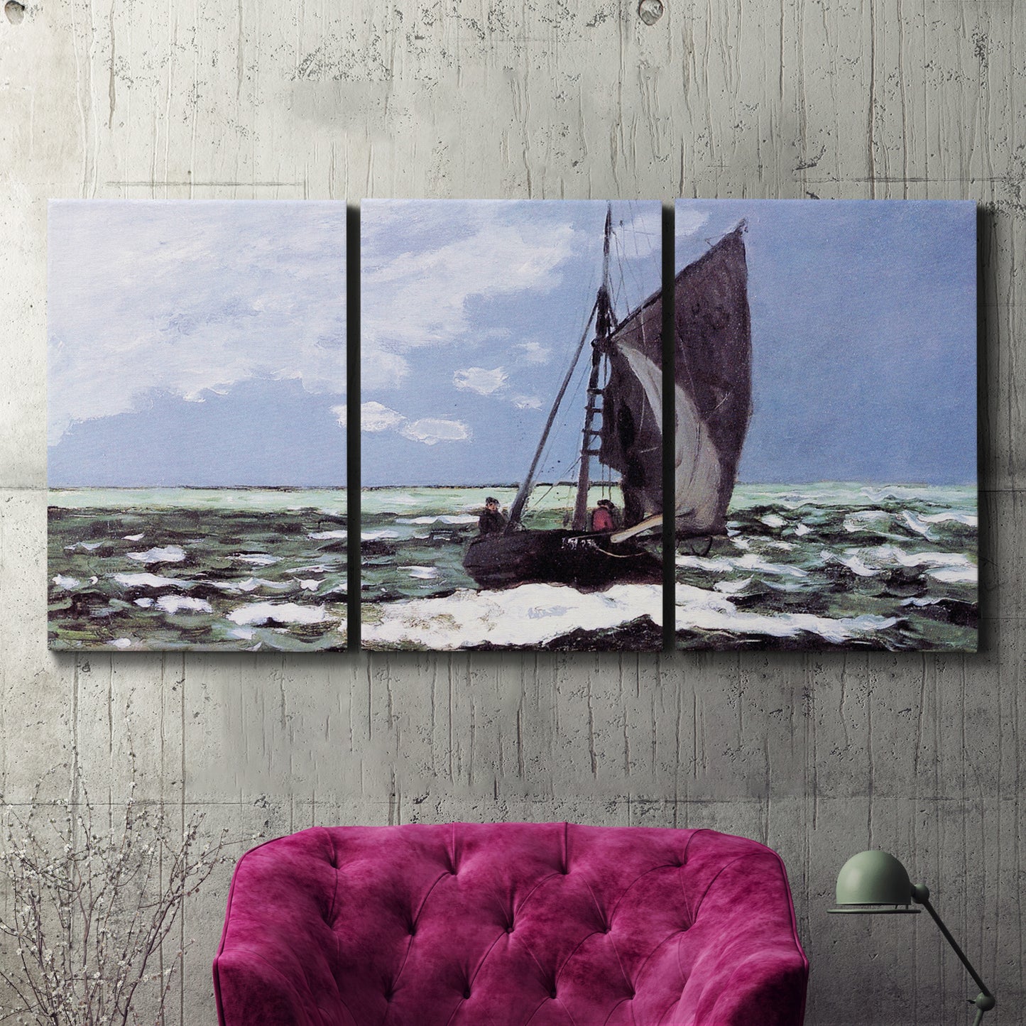 Three-panel canvas wall art featuring stormy sea with crashing waves, displayed in a living room above a suede accent chair.