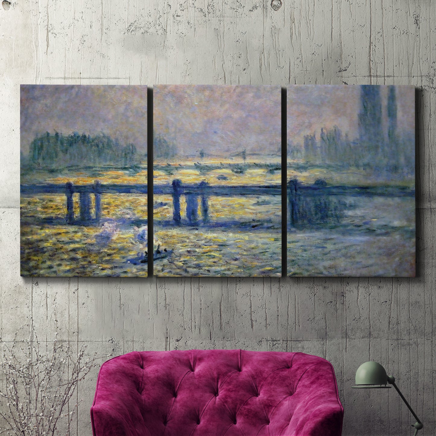 Three-panel canvas wall art featuring london bridge crossing wide river, displayed in a living room above a suede accent chair.