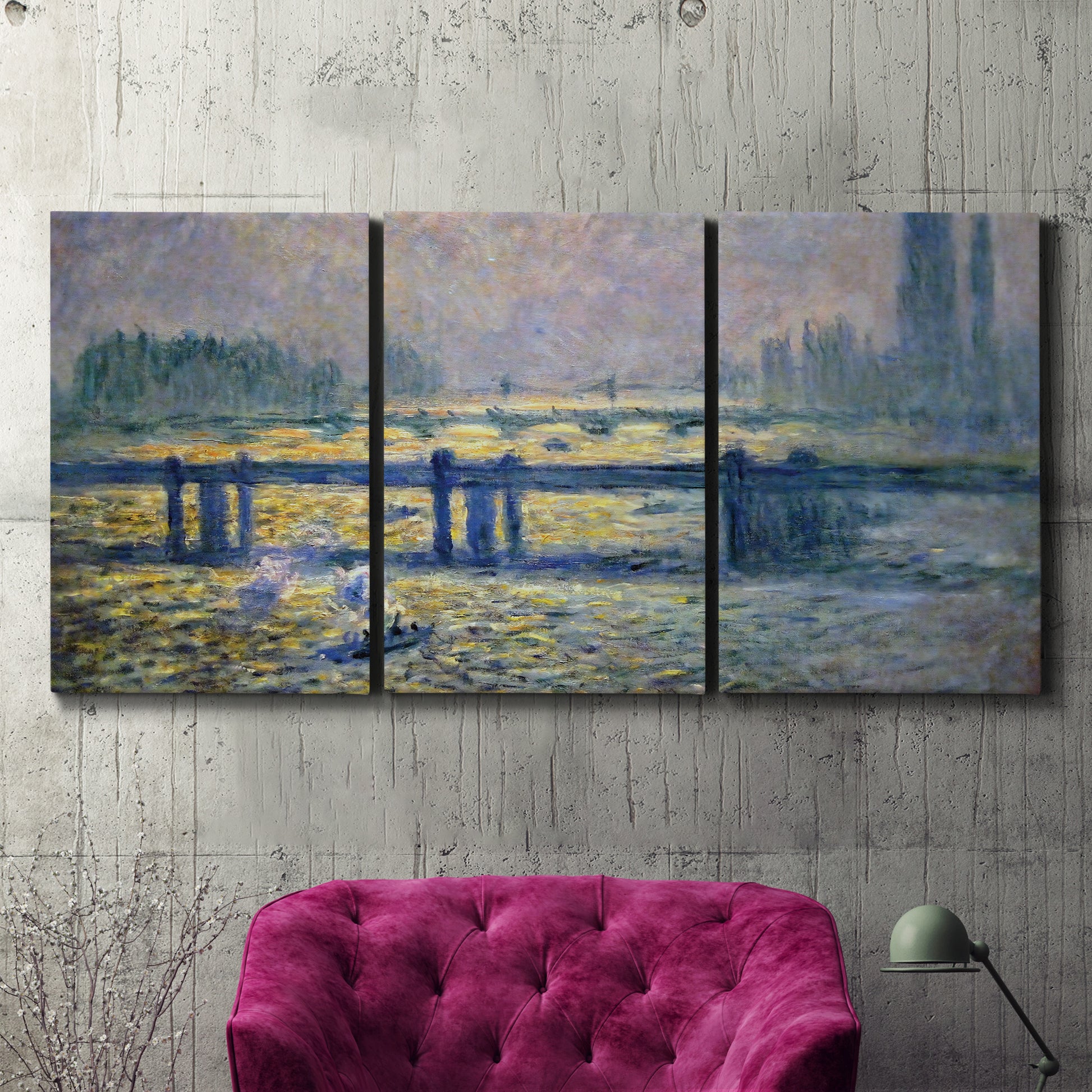 Three-panel canvas wall art featuring london bridge crossing wide river, displayed in a living room above a suede accent chair.