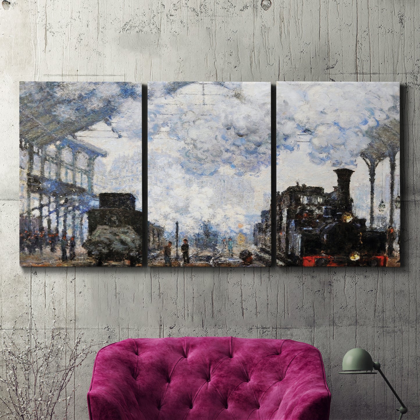 Three-panel canvas wall art featuring playful peach toned floral composition, displayed in a living room above a suede accent chair.