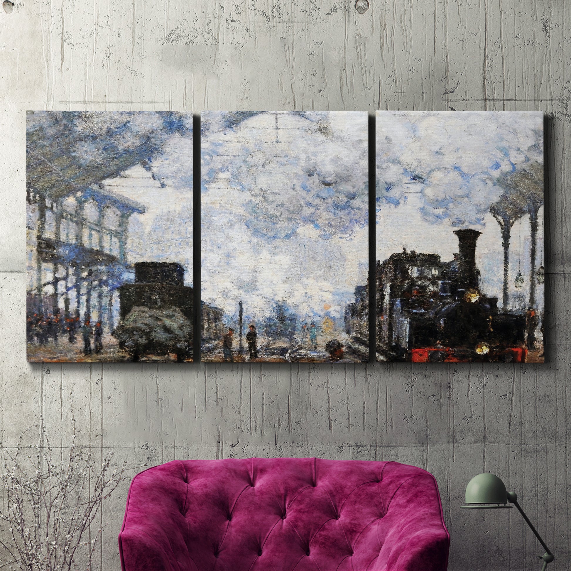 Three-panel canvas wall art featuring playful peach toned floral composition, displayed in a living room above a suede accent chair.