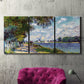 Three-panel canvas wall art featuring river landscape with boats, displayed in a living room above a suede accent chair.