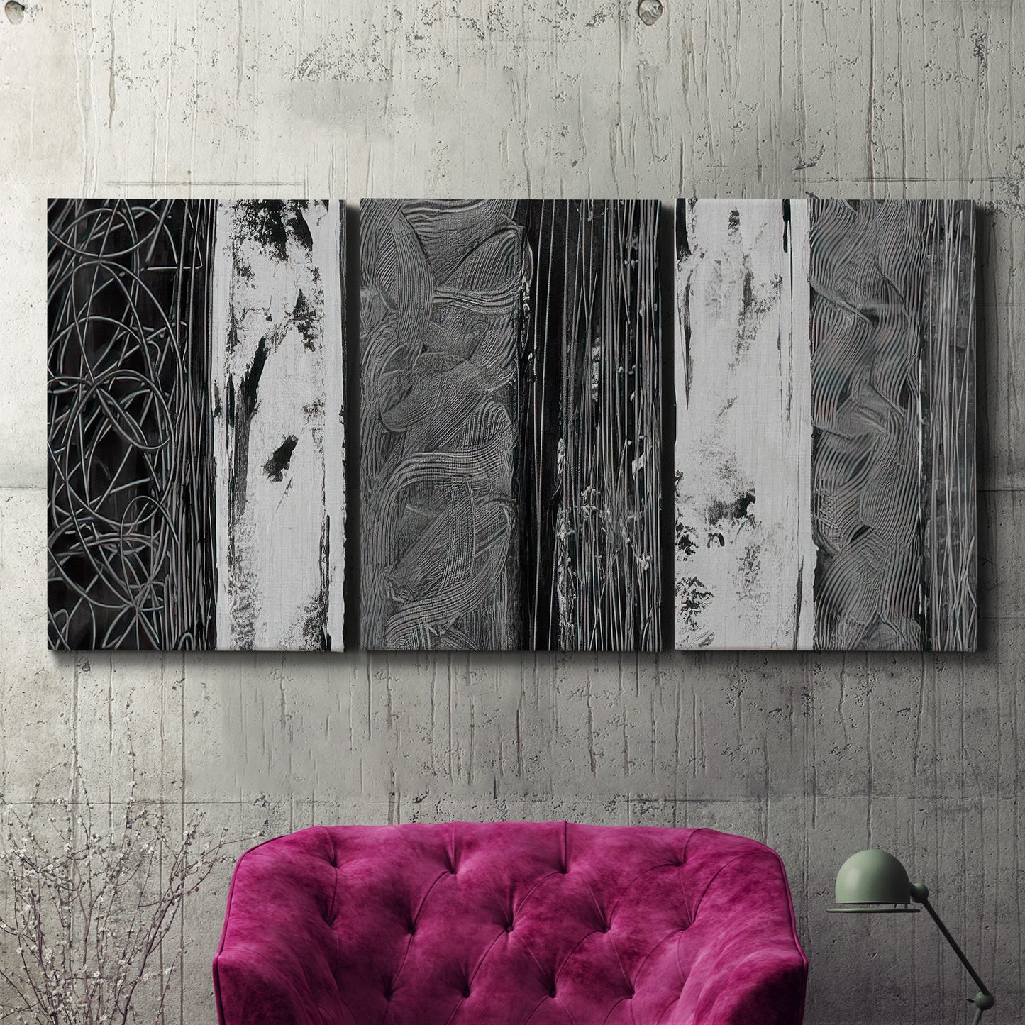 Three-panel canvas wall art featuring brushed metallic abstract textures, displayed in a living room above a suede accent chair.