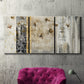 Three-panel canvas wall art featuring abstract willow inspired vertical forms, displayed in a living room above a suede accent chair.
