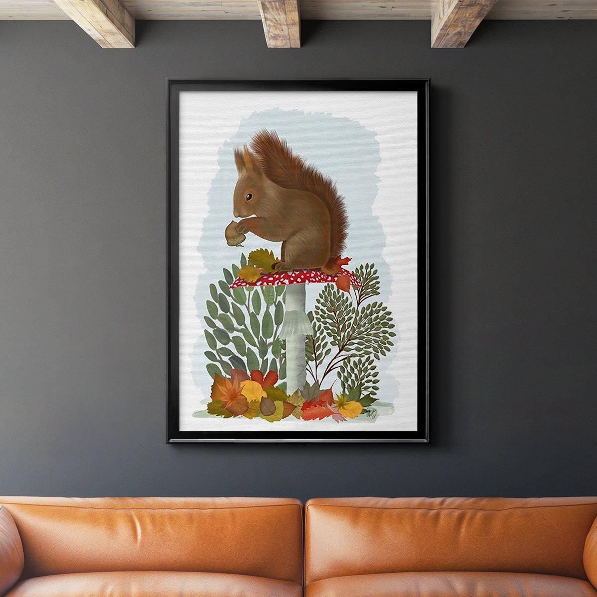 Red Squirrel On Mushroom - Modern Framed Canvas Print