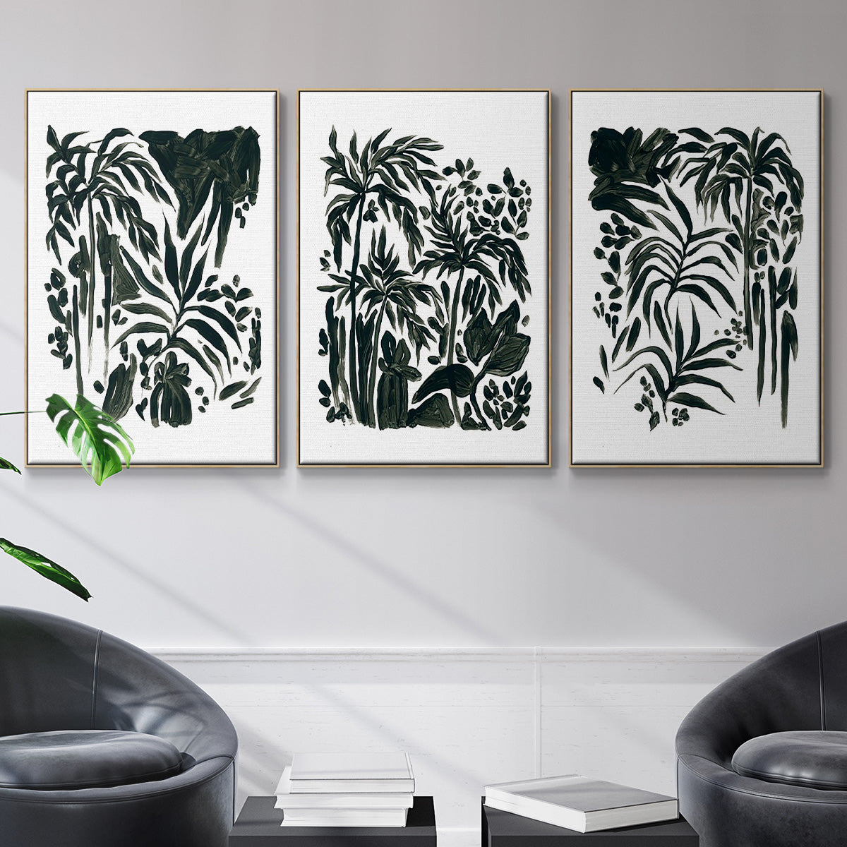 Ink Jungle I - Framed Premium Gallery Wrapped Canvas L Frame 3 Piece Set - Ready to Hang