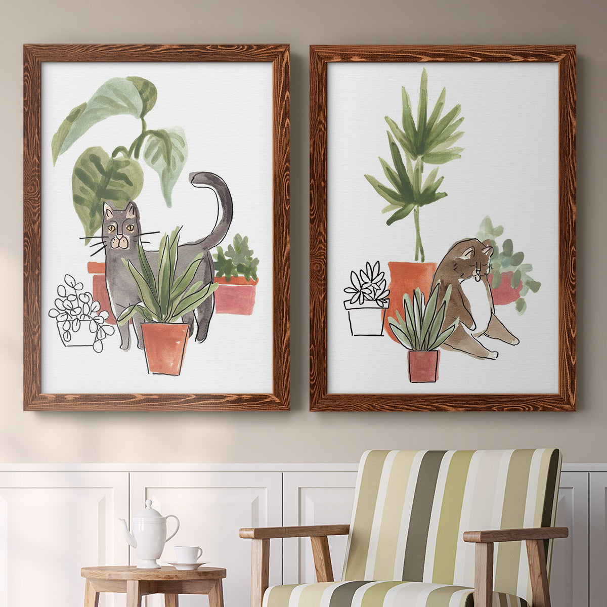 Purrfect Plants I - Premium Framed Canvas 2 Piece Set - Ready to Hang