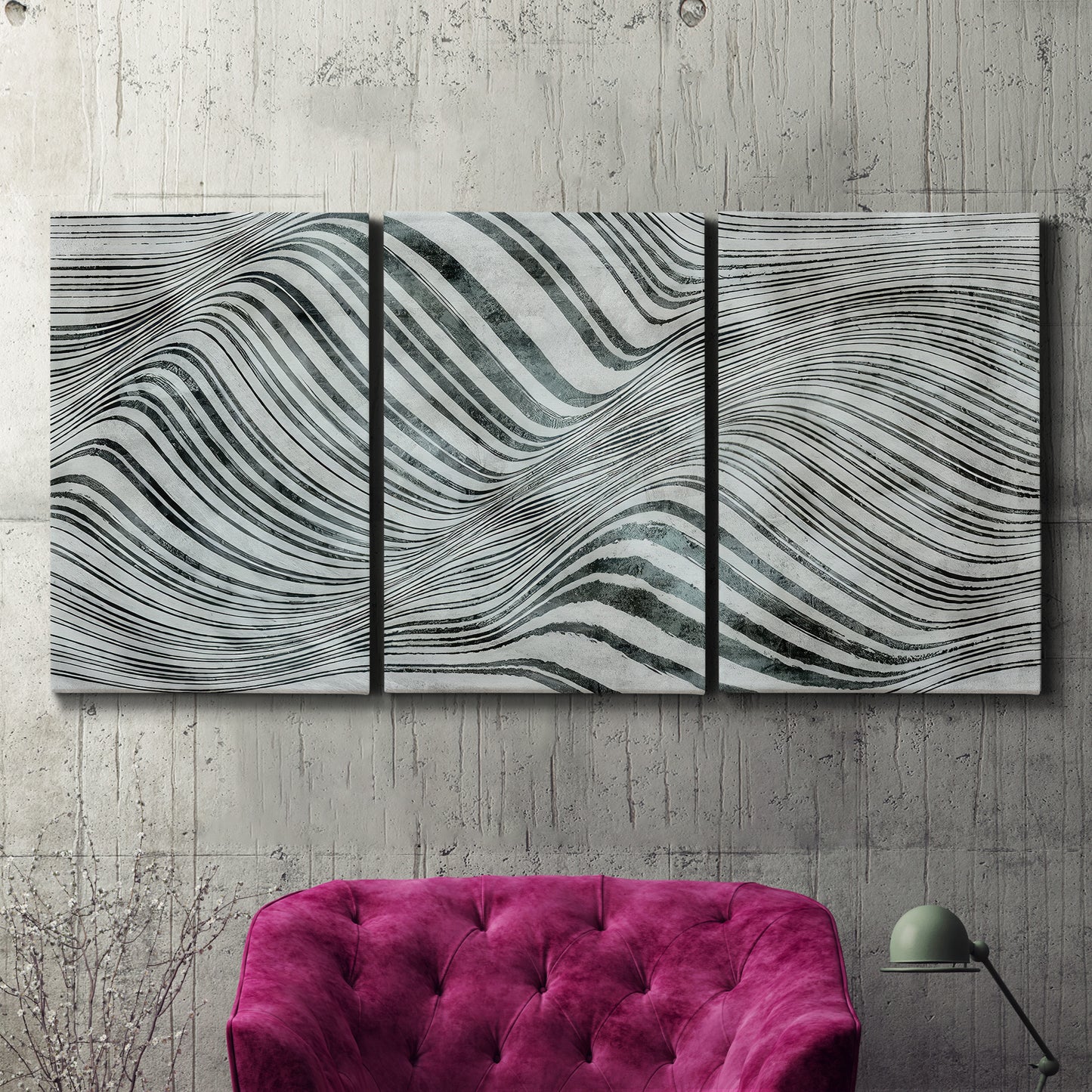 Three-panel canvas wall art featuring coastal shoreline with gentle surf, displayed in a living room above a suede accent chair.