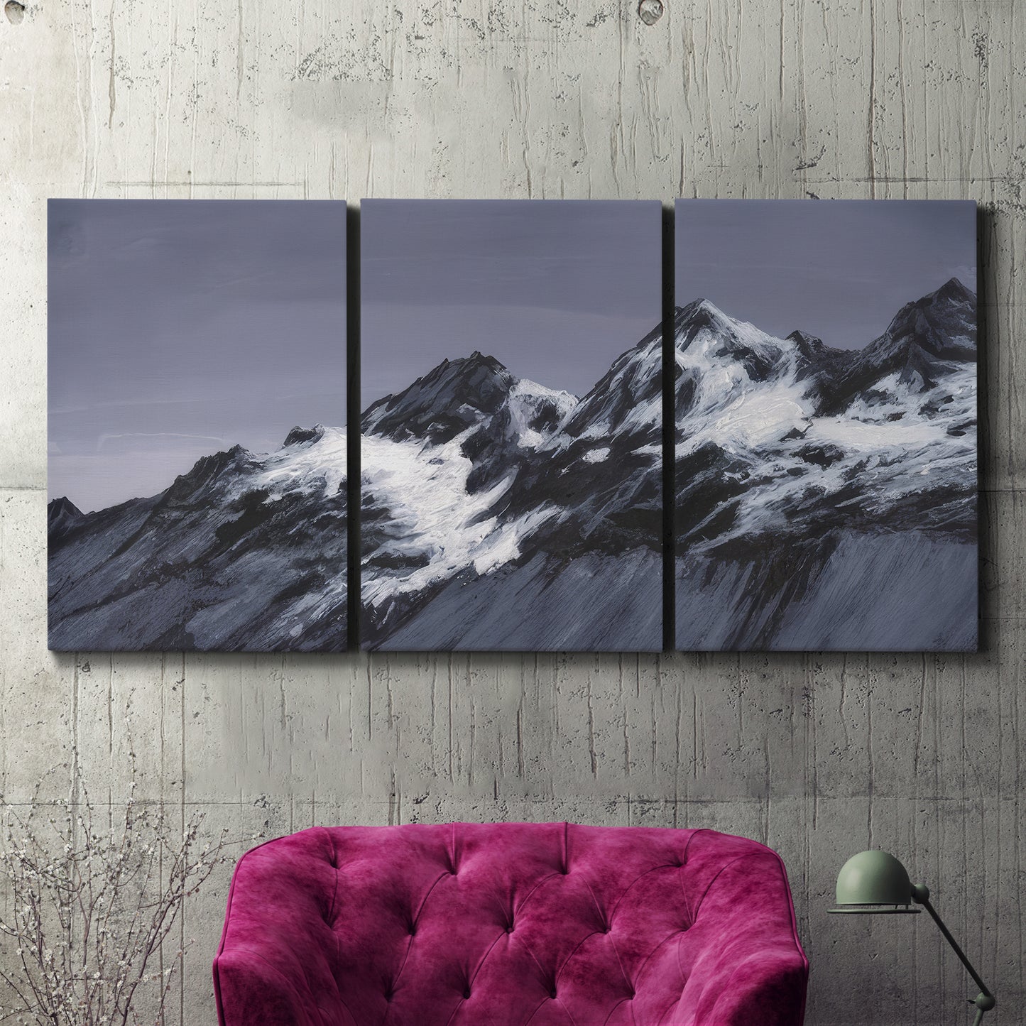 Three-panel canvas wall art featuring moonlit mountain peaks under night sky, displayed in a living room above a suede accent chair.