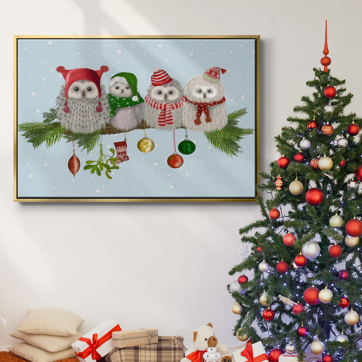 Christmas Fluffy Christmas Owls on Branch - Framed Gallery Wrapped Canvas in Floating Frame