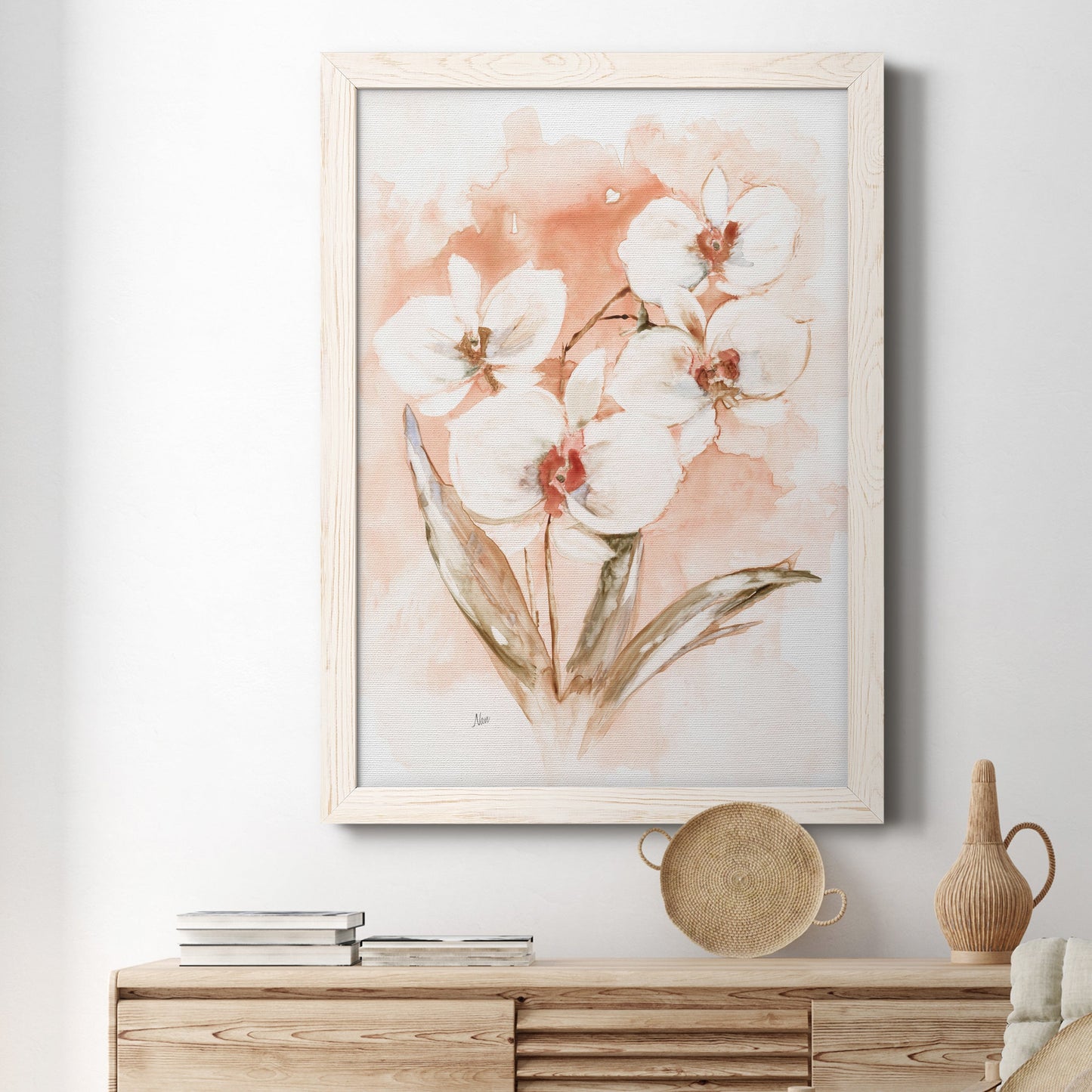 White and Coral Orchid I - Barnwood Framed Canvas Print