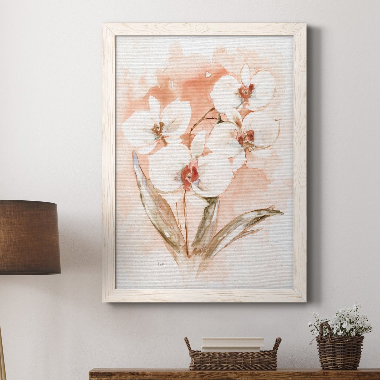 White and Coral Orchid I - Barnwood Framed Canvas Print