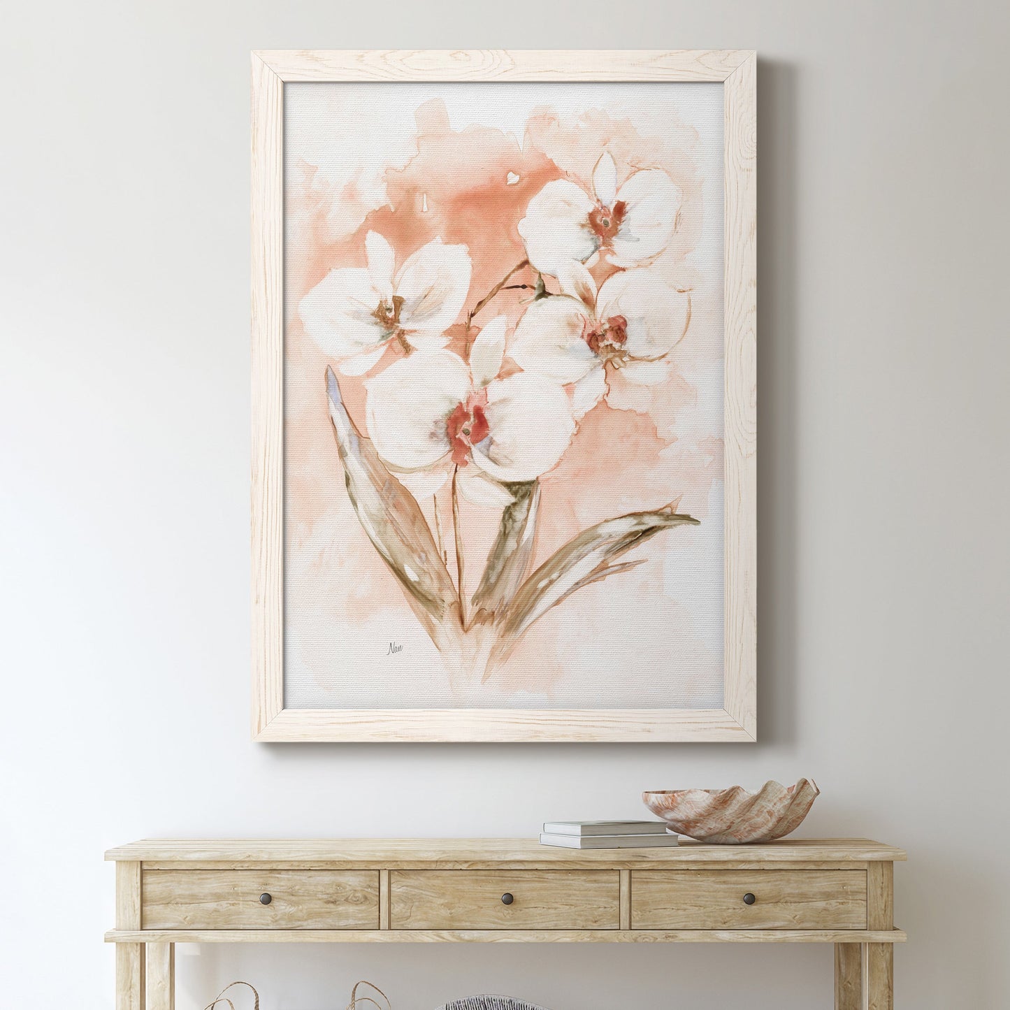 White and Coral Orchid I - Barnwood Framed Canvas Print