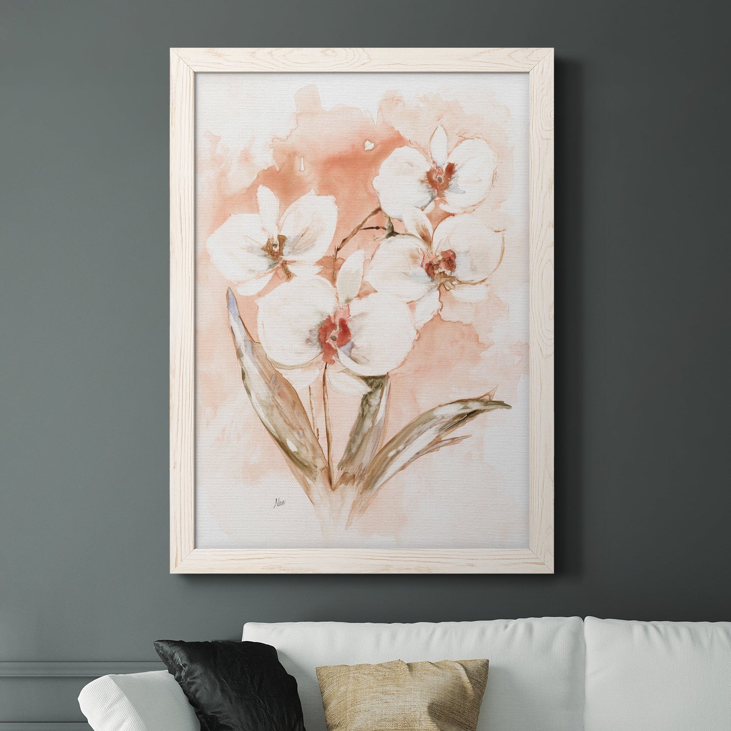 White and Coral Orchid I - Barnwood Framed Canvas Print