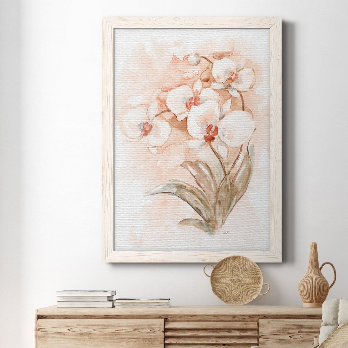 White and Coral Orchid II - Barnwood Framed Canvas Print