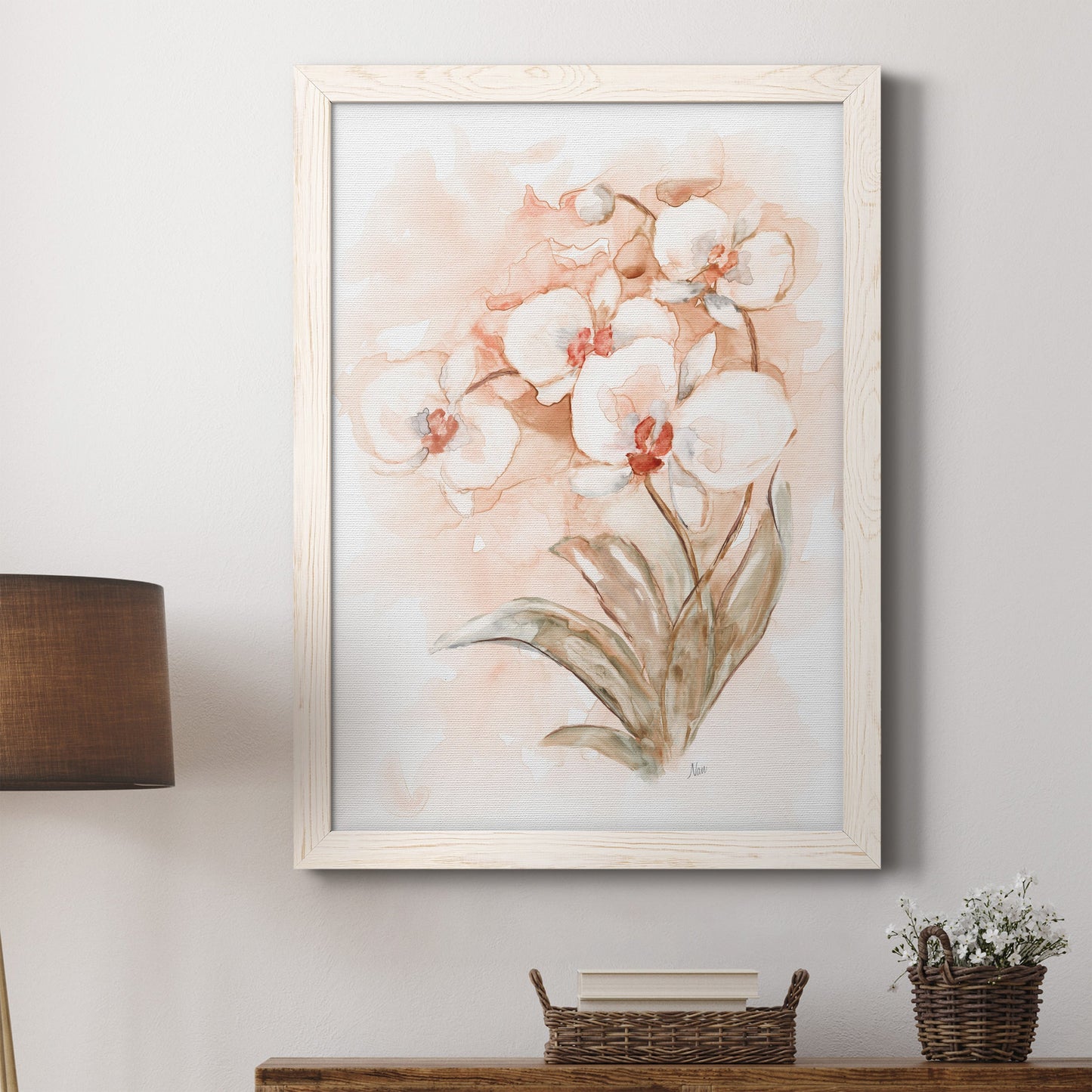 White and Coral Orchid II - Barnwood Framed Canvas Print