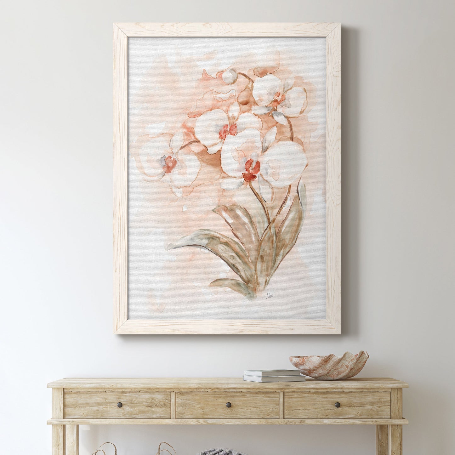 White and Coral Orchid II - Barnwood Framed Canvas Print