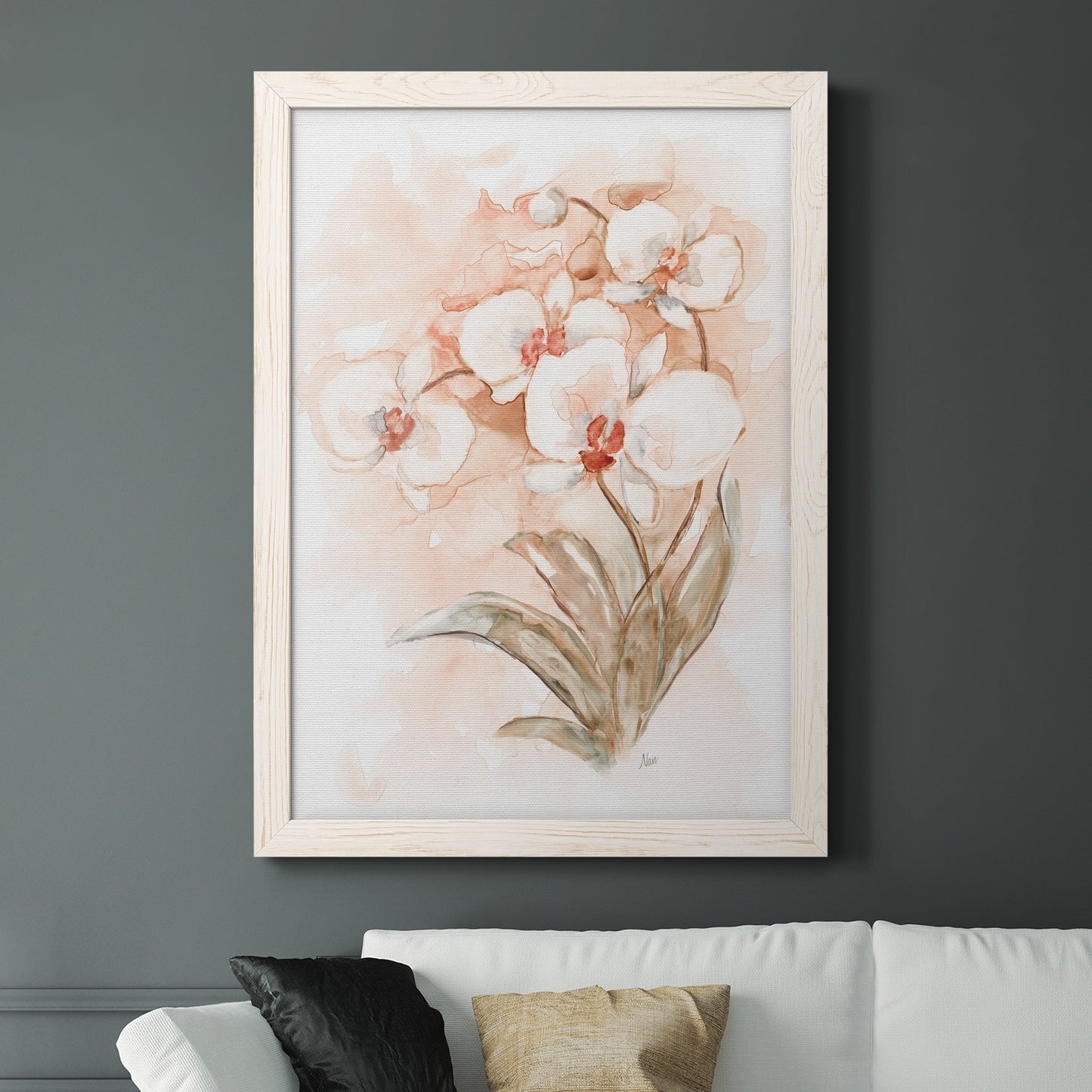 White and Coral Orchid II - Barnwood Framed Canvas Print