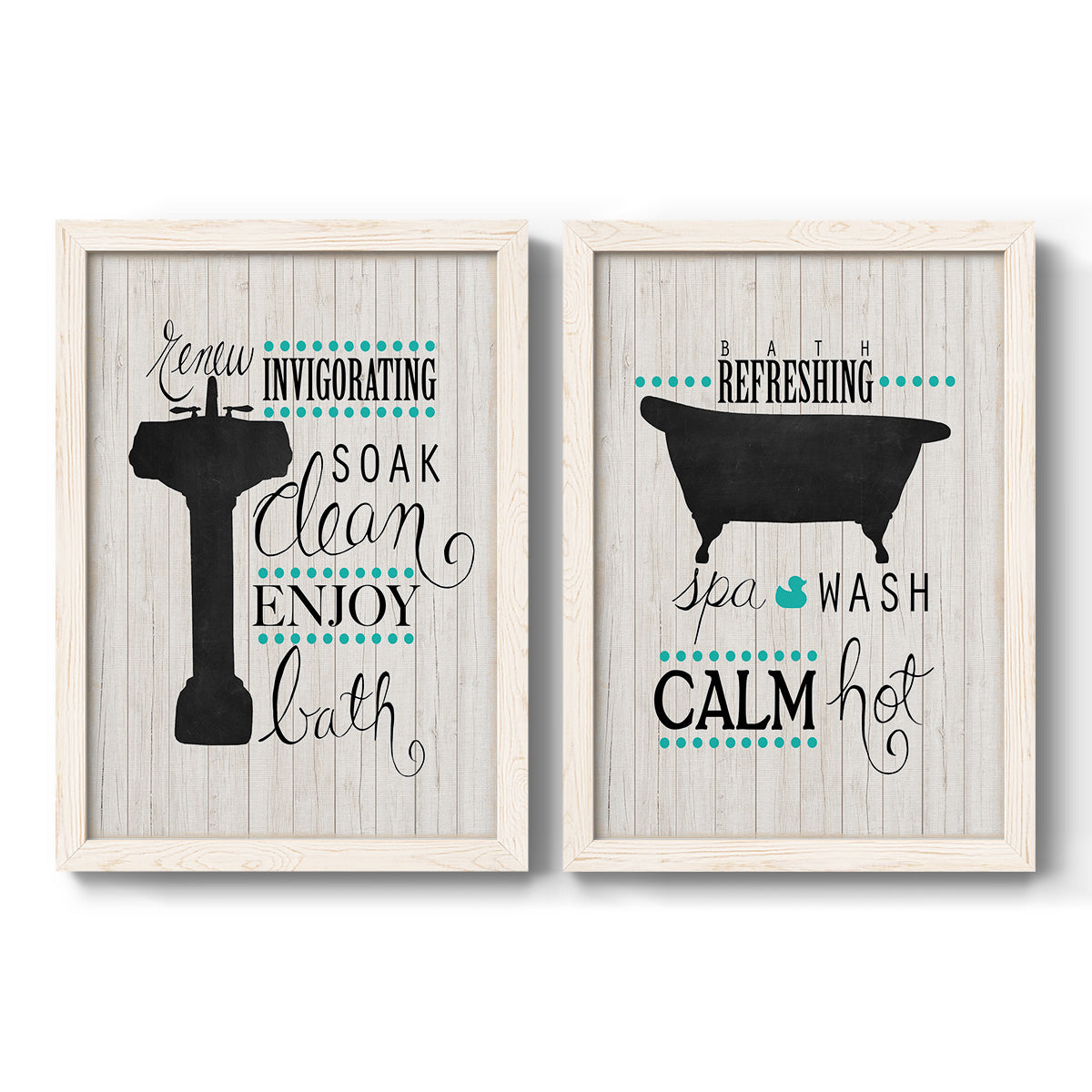 Set of two white barnwood framed canvas prints featuring two graphic bathroom word art featuring playful bathtub silhouettes and bath-themed typography.
