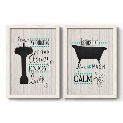 Set of two white barnwood framed canvas prints featuring two graphic bathroom word art featuring playful bathtub silhouettes and bath-themed typography.