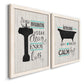 Angled view of a set of two white barnwood framed canvas prints featuring two graphic bathroom word art featuring playful bathtub silhouettes and bath-themed typography.