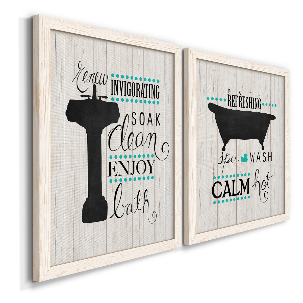 Angled view of a set of two white barnwood framed canvas prints featuring two graphic bathroom word art featuring playful bathtub silhouettes and bath-themed typography.